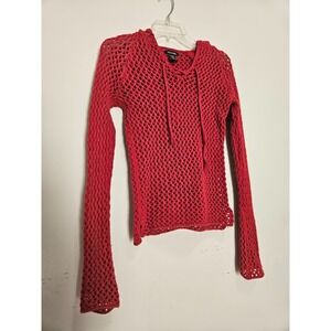 Vintage Abercrombie Y2K Open Knit Hoodie Red Crochet Boho Beach Sweater XL